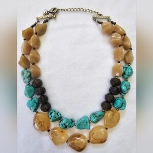 CHICO'S 2-Strand Turquoise Brown Howlite Natural Beads Stones Necklace Choker